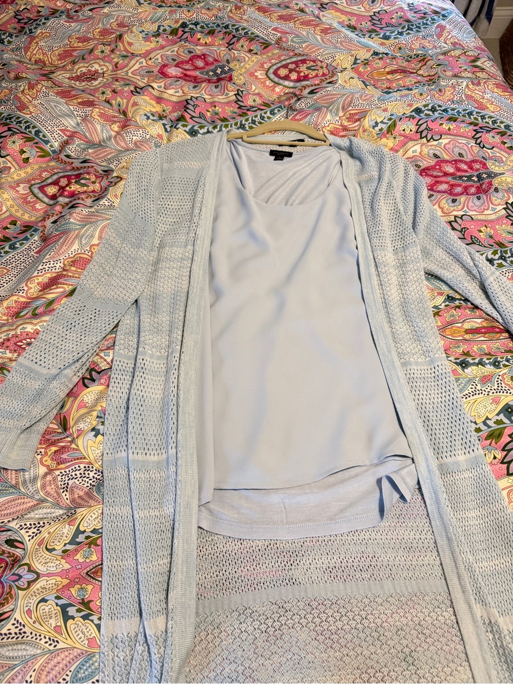Premise/Ann Taylor Light Blue Open Knit Long Cardigan with Shell